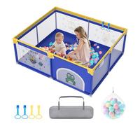 XMTECH Parque infantil portátil con 50 balones, 150 x 180 x 68 cm, rejilla de protección con red transpirable y cremallera y 4 anillos de tracción (azul con motivos de animales)