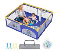 XMTECH Parque infantil portátil con 50 balones, 180 x 200 x 68 cm, rejilla de protección con red transpirable y cremallera y 4 anillos de tracción (azul con motivos de animales)