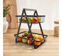 XMTECH Soporte para frutas de 2 niveles, color negro de acero al carbono, cesta de frutas extraíble, cuenco de metal para frutas, fruta, estante de cocina para verduras, aperitivos, almacenamiento de