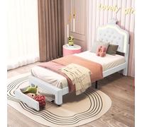 Xnferty Cama infantil tapizada 90 x 200 cm, estructura de cama con 1 cajón para niñas, cama de princesa con cabecero LED ajustable y somier de láminas, para niños y adolescentes, PU, sin colchón