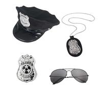 XNHIU Juego de 4 piezas de disfraz de policía, sombrero de policía, collar, insignia, gafas de sol, para adultos, cosplay, oficial de policía, accesorios para disfraz de Halloween