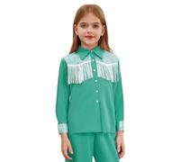 Xnihocha Chaqueta de vaquera occidental para niña, manga larga, con flecos, abrigo, camisa, blusa, fiesta temática, parte superior, verde, 134-140