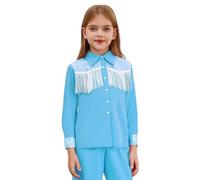 Xnihocha Chaqueta vaquera occidental para niña, manga larga, con flecos, abrigo, camisa, blusa, fiesta temática, parte superior, azul, 122-128