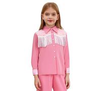 Xnihocha Chaqueta vaquera occidental para niña, manga larga, con flecos, abrigo, tops, camisa, blusa, fiesta temática, parte superior, rosa, 134-140