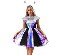 Xnihocha Mujer Vestido Mini Bodycon Traje Astronauta De Baile De Actuación | Cierre Con Cremallera En La Espalda,Metálico Brillante Y Ligero,Holográfico Irisado,Discoteca,Juego De Roles,Actuación