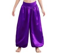 Xnihocha Pantalones árabes para niños y niñas, pantalones largos de yoga, pantalones largos de satén, pantalones bombachos, danza del vientre, disfraz, morado, 122-128