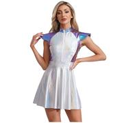 Xnihocha Vestido brillante para mujer, disfraz de alienígena metálico, disfraz de rave, holografica, sin mangas, mini vestido plisado, disfraz de danza, color azul, talla 4XL