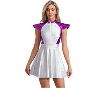 Xnihocha Vestido brillante para mujer, disfraz de alienígena metálico, disfraz rave, holográfico, sin mangas, mini vestido plisado, disfraz de baile, color violeta, talla 4XL