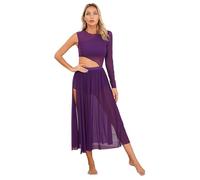 Xnihocha Vestido de danza lírica para mujer, manga larga, body de ballet, malla transparente, tutú de tul, vestido de corte contemporáneo con aberturas, morado, S