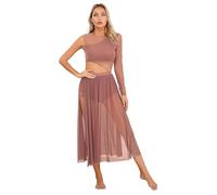 Xnihocha Vestido de danza lírica para mujer, manga larga, cuerpo de ballet, malla transparente, tutú de tul con corte, vestido de danza contemporánea con aberturas, altrosa, S