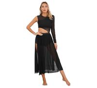 Xnihocha Vestido de danza lírica para mujer, manga larga, unitalla de ballet, malla transparente, tutú de tul, corte contemporáneo, vestido de baile contemporáneo, Negro , M