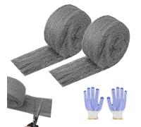XNJIHWA 2 Rollos Lana de Acero Ratones Juego de Lana de Acero Inoxidable 3m con Guantes de Trabajo para Antiratones,Grietas,Reparación,Limpieza Fina,Lijado,Pulido