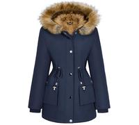Xnova Abrigos Parka Mujer Invierno de Forro Polar Chaquetas Impermeable Largo Chaquetones Termica de Cremallera con Capucha de Pelo Sintetico Cazadora Cálido Gruesa, Azul Marino, S