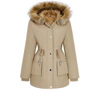 Xnova Abrigos Parka Mujer Invierno de Forro Polar Chaquetas Impermeable Largo Chaquetones Termica de Cremallera con Capucha de Pelo Sintetico Cazadora Cálido Gruesa, Caqui, S