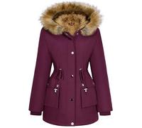 Xnova Abrigos Parka Mujer Invierno de Forro Polar Chaquetas Impermeable Largo Chaquetones Termica de Cremallera con Capucha de Pelo Sintetico Cazadora Cálido Gruesa, Rojo Vino, XL