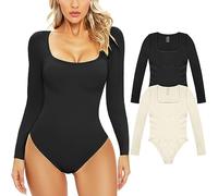 Xnova Body Mujer Manga Larga Collar U Jumpsuit Color Sólido Elegante Mono Básicos Sexy Chic Body Moldeador Reductor Mujer Lencería Corsé, Negro + Blanco, L