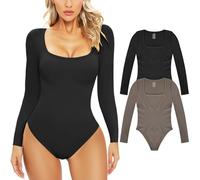 Xnova Body Mujer Manga Larga Cuello Redondo Jumpsuit Color Sólido Elegante Mono Básicos Sexy Chic Body Moldeador Reductor Mujer Lencería Corsé, Negro + Gris, S