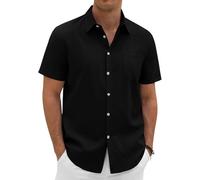 Xnova Camisa Lino Hombre Camisas de Algodón y Lino Hombre Manga Corta de Corte Regular con Bolsillo Informal Camisas con Botones para Playa Vacaciones y Trabajo, Schwarz, XXL