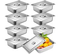 Xnqelerate 8 recipientes GN 1/2 de acero inoxidable con tapa, 32,5 x 26,5 x 10 cm, resistentes al calor, para alimentos, tartas, sartenes de hotel