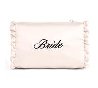 XO, Fetti GRWM - Bolsa de cosméticos de satén Blanco para Novia, decoración de Despedida de Soltera, Accesorio de Despedida de Soltera, Bolsa de Maquillaje GRWM, Blanco, Volantes