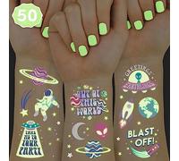 xo, Fetti Space + Planets - Tatuajes temporales que brillan en la oscuridad para niños, 50 unidades, suministros para fiesta de cumpleaños alienígena, recuerdos de astronautas + decoraciones de cohete