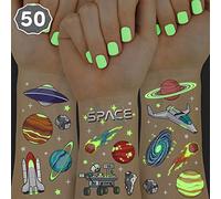 xo, Fetti Space + Planets - Tatuajes temporales que brillan en la oscuridad para niños, 50 unidades, suministros para fiesta de cumpleaños alienígena, recuerdos de astronautas + decoraciones de cohete