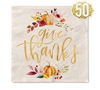 xo, Fetti Thanksgiving Gold Foil Napkins - 50 count | Give Thanks Decorations, 5 x 5 inches, 3ply, Autumn Leaves, Pumpkins, Fall Table Decor