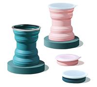 xocome Taza Retráctil con Tapa,Copa de Silicona Plegable,2 pcs 320 ml Silicona Taza Plegable de Beber,para picnic, exterior, senderismo, camping, Deportes（verde oscuro, rosa）