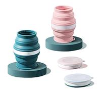 xocome Taza Retráctil con Tapa,Copa de Silicona Plegable,2 pcs 350 ml Silicona Taza Plegable de Beber,para picnic, exterior, senderismo, camping, Deportes（verde oscuro, rosa）