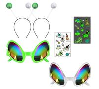 XoeLLe 2 diademas de alienígena, 2 gafas de alienígena, tatuaje, lentes de arco iris, lentes de sol, antena, diadema, espejo de sombra, disfraz novedoso, recuerdos de fiesta, accesorios para adultos