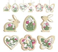 XoeLLe 24 Piezas Decoracion Pascua Easter Decorations Primavera Colgante de Madera Conejo de Pascua con Cuerda, Huevo, Flor, Mariposa Adornos para Árbol, Regalos, Nidos, para Manualidades (Verde)