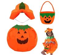 XoeLLe 3 Piezas Disfraz Calabaza Niño, con Canasta de Calabaza de Juguete Y Sombrero, Disfraz de Halloween Niño, para Altura 105-145cm, 4-10 Años, para Halloween, Carnaval, Cosplay, Fiesta Temática