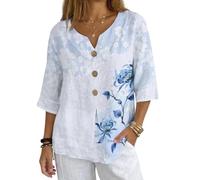 Xoenoiee Camisa de lino con botones para mujer, estilo casual, cuello en V, manga 3/4, blusa de lino de gran tamaño para primavera y verano, Flores de peonía azul, 3XL