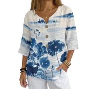 Xoenoiee Camisa de lino con botones para mujer, estilo casual, cuello en V, manga 3/4, blusa de lino de gran tamaño para primavera y verano, Hojas de flores de loto, L
