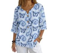 Xoenoiee Camisa de lino para mujer, cuello en V, botones, manga 3/4, blusa de gran tamaño, atuendo casual, Tinte anudado azul, L