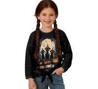 Xoenoiee Camisas de manga larga para niñas, con bonito gráfico, cuello redondo, túnica con dobladillo anudado, 5-12, Black Cats Moon Bats Halloween, 7-8 años