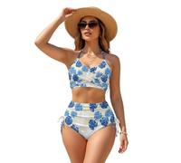 Xoenoiee Conjunto de bikini de 2 piezas para mujer, traje de baño de cintura alta, espalda cruzada, control de abdomen, XS-3XL, Hojas de palma azul, 3XL