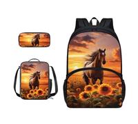 Xoenoiee Juego de 3 bolsas para libros, lonchera y lapicera para estudiantes, mochila escolar para niños y niñas, para el regreso a la escuela, Caballo girasol Sunset Glow