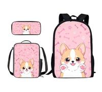 Xoenoiee Juego de 3 mochilas de regreso a clases, lonchera térmica, bolsa para lápices para niños y niñas, Hueso de pata de perro Corgi, Talla única
