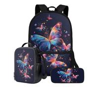 Xoenoiee Juego de 3 mochilas escolares para niños y niñas con lonchera y bolsa para lápices, bolsa escolar con estampado de animales, Mariposa coloreada