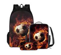 Xoenoiee Juego de 3 mochilas para adolescentes y estudiantes, gran capacidad, bolsa térmica para almuerzo, bolsa para lápices, 3 en 1 para niños y niñas, Balón de fútbol y fuego