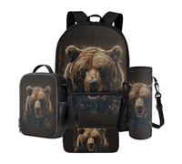 Xoenoiee Juego de 4 mochilas escolares con bolsa térmica para el almuerzo, estuche para lápices y soporte para botella de agua, regalo de vuelta a la escuela, Marrón Oso, Talla única, Juego de mochila