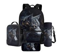Xoenoiee Juego de 4 mochilas escolares de 17 pulgadas con bolsa térmica para el almuerzo, estuche para lápices y soporte para botella de agua, patrón de lobo para niños, Cyberpunk Wolf, Talla única