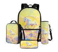 Xoenoiee Juego de mochila de 17 pulgadas, lonchera térmica, portabotellas de agua, estuche para lápices, 4 piezas, regalo de vuelta a la escuela para niños y niñas, Caballo arcoíris floral amarillo