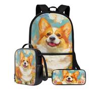Xoenoiee Juego de mochila de 3 piezas de gran capacidad para adolescentes y niños de 17 pulgadas, mochila escolar + bolsa de almuerzo + bolsa de lápices para estudiantes, Paint Corgi Dog Floral
