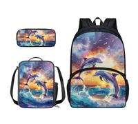 Xoenoiee Juego de mochila de 3 piezas para adolescentes, niñas, niños, mochila escolar + bolsa de almuerzo + bolsa para lápices para estudiantes de vuelta a la escuela, Sea Dolphin Sunset Glow