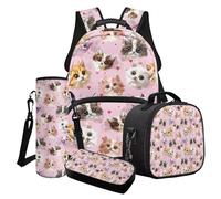 Xoenoiee Juego de mochila escolar 4 en 1 con diseño de gatos para adolescentes y niñas y niños, con fiambrera, estuche para lápices, soporte para botella de agua, Cute Cats Hearts Pink