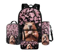 Xoenoiee Juego de mochila escolar con fiambrera, estuche para lápices y soporte para botella de agua para adolescentes, niños, escuela primaria y secundaria, Capybara Cherry Blossom, Talla única