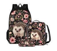Xoenoiee Juego de mochila para niños y niñas, mochila escolar, bolsa de almuerzo y bolsa de lápices, juego 3 en 1 para picnic escolar, Hedgehog Boho Floral