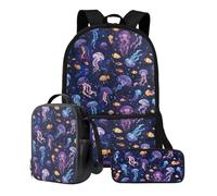 Xoenoiee Juego de mochila para niños y niñas, mochila escolar de 17 pulgadas, bolsa de almuerzo y bolsa para lápices, juego de 3 piezas para mochila escolar, Medusa pez payaso mar